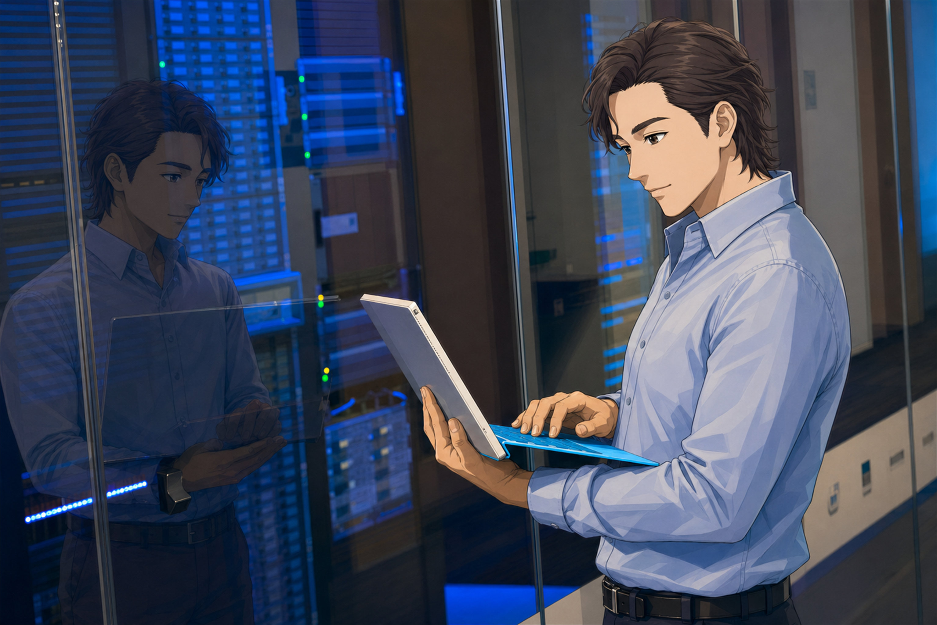 エンジニアがサーバールームでシステムを操作している様子