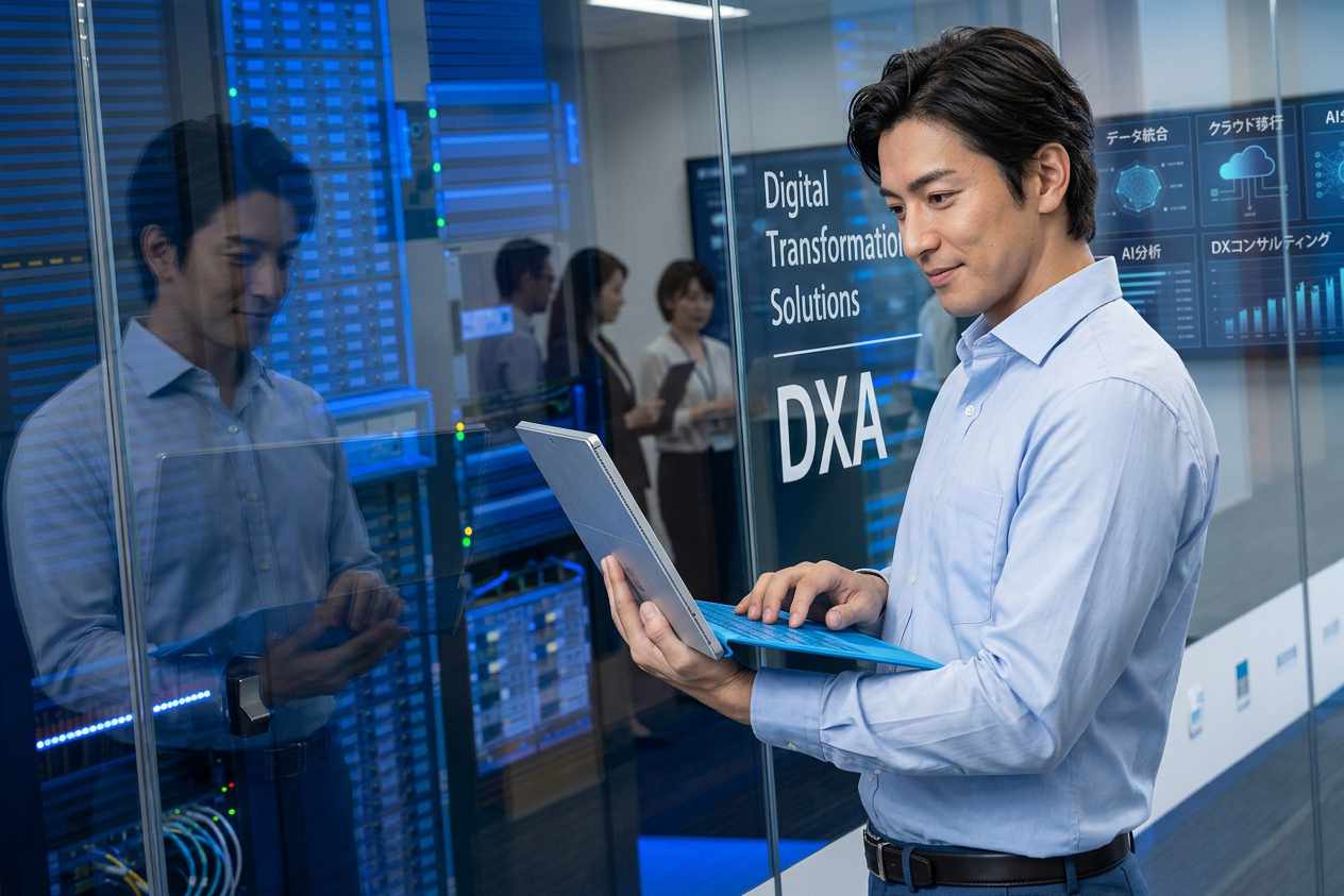 エンジニアがサーバールームでシステムを操作している様子